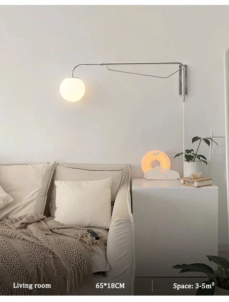 Applique Murale Design Bras Articulé Chromé – Lampe Murale LED Rotative en Verre Dépoli pour Chambre & Salon