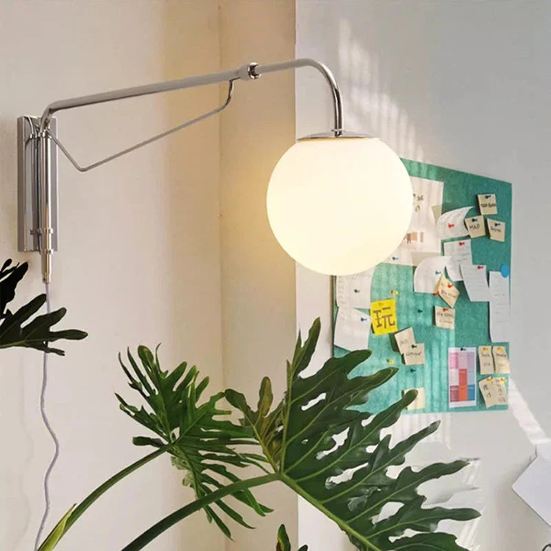 Applique Murale Design Bras Articulé Chromé – Lampe Murale LED Rotative en Verre Dépoli pour Chambre & Salon