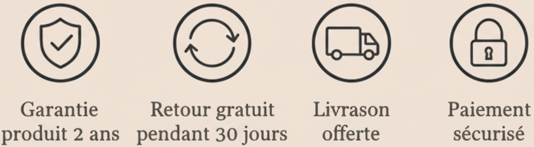 Je veux une image avec un fond #EFE1D5 pour rassures mes clients dans le style : 

Reformule et utilise les logo adaptés à la place de Image 1 etc ...
Image 1

Garantie produit 2 ans
Image 2

Retour gratuit pendant 30 jours
Image 3

Livraison offerte
Image 4

Paiement sécurisé
